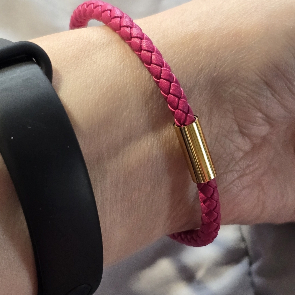 Pink Braided Leather Bracelet with Gold Accents - Picture 5 of 6